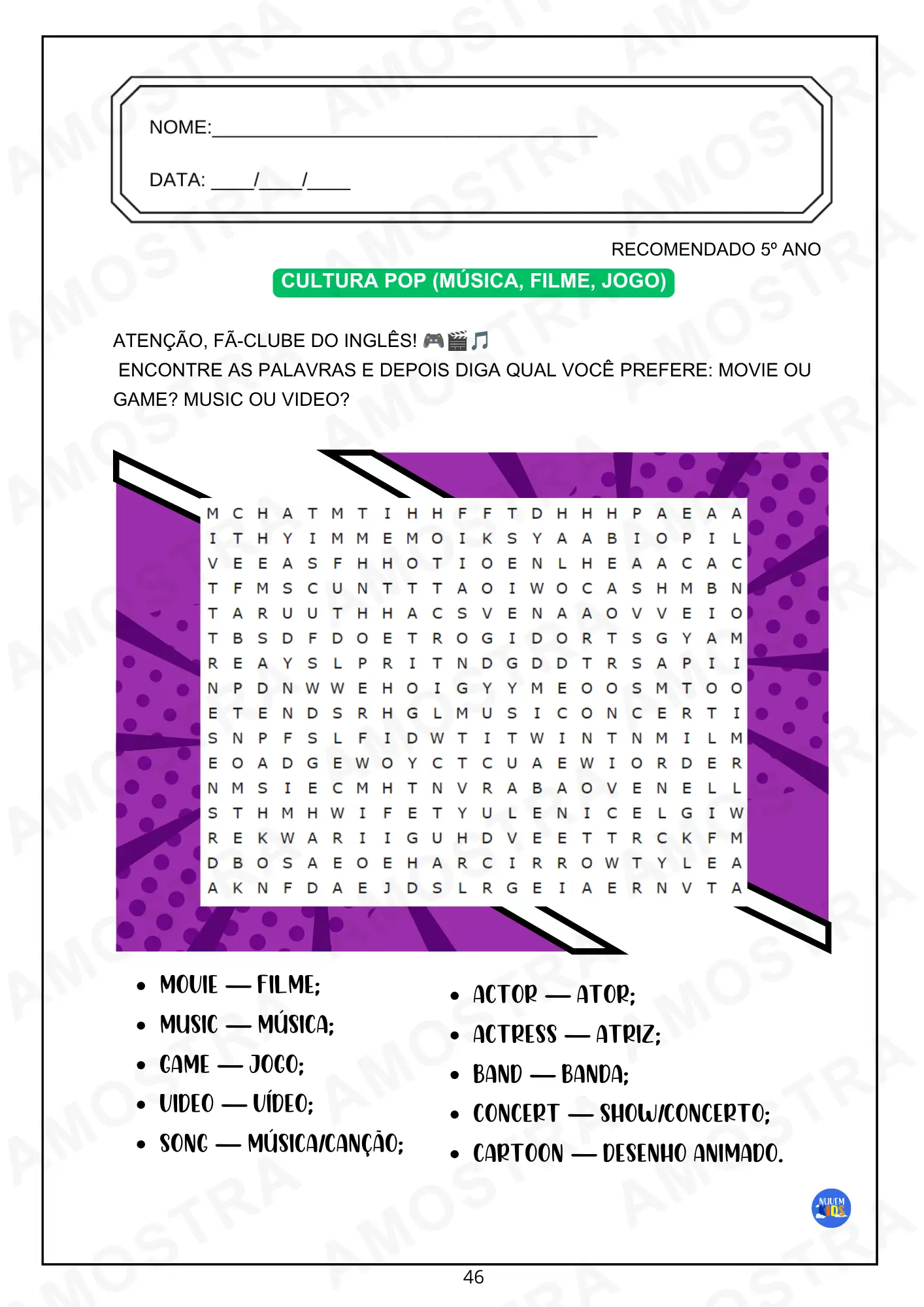 Caça Palavras Inglês Fundamental 1 - Imagem 9