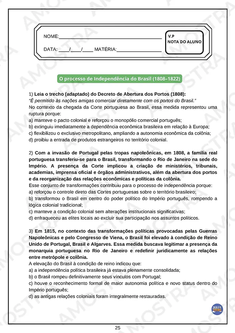 Avaliações de História Ensino Médio - Imagem 3