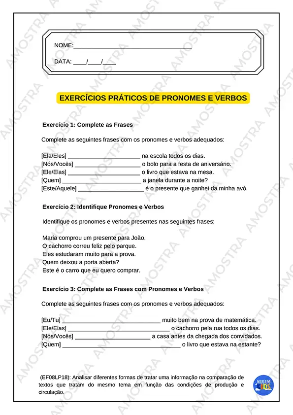 Atividades de Pronomes e Verbos 6º ao 9º Ano - Imagem 8