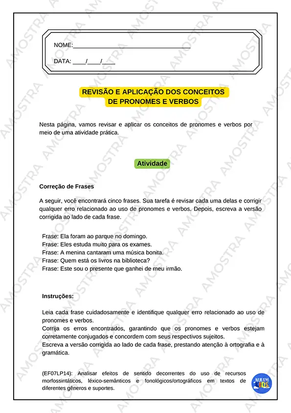 Atividades de Pronomes e Verbos 6º ao 9º Ano - Imagem 9