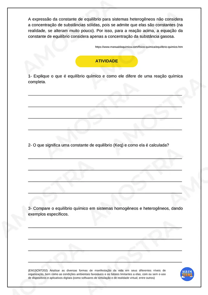 Atividades de Equilíbrio Químico Ensino Médio - Imagem 3
