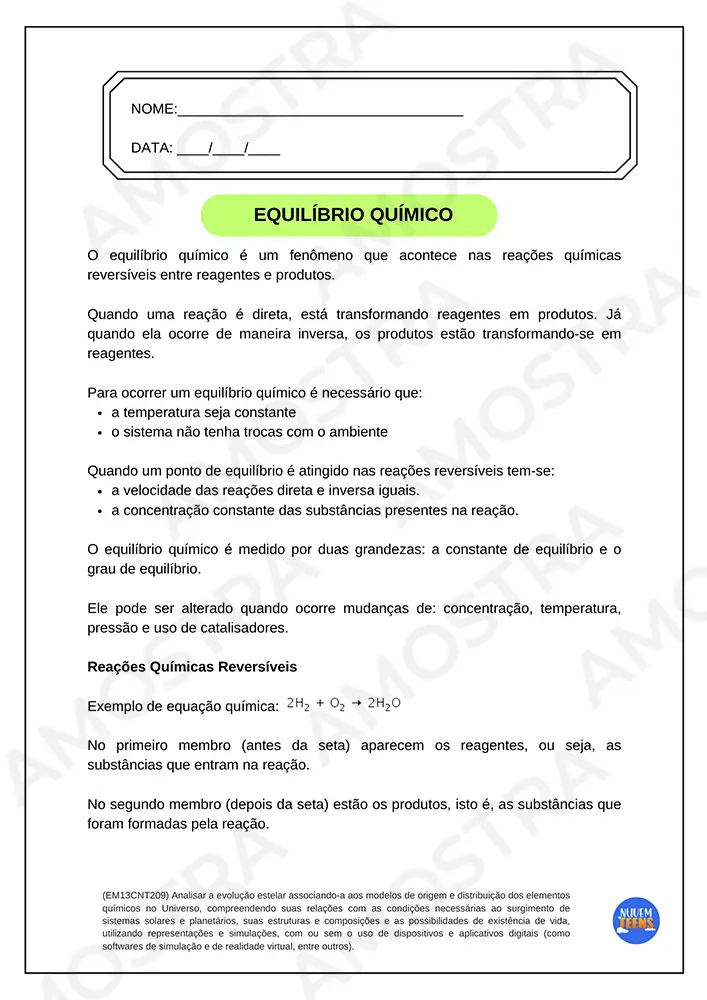 Atividades de Equilíbrio Químico Ensino Médio - Imagem 5